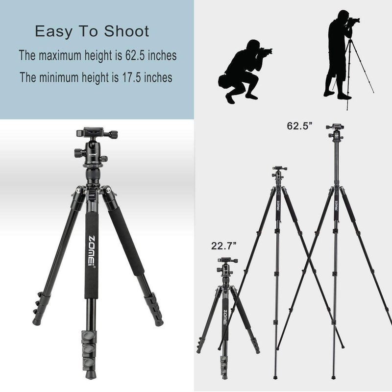 Zomei Q555 62.5'' Camera Tripod,Lightweight and Compact Aluminum Portable Travel Tripod with 360 Degree Ball Head for Vlog Nikon Canon Sony All DSLR and Digital Camera - Image 5